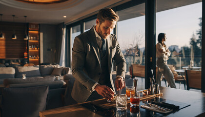 young man in suit preparing alcohol drinks