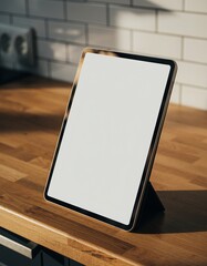 Tablet with blank white screen mockup on wooden stand in modern kitchen, digital device for advertising, app presentation and website design