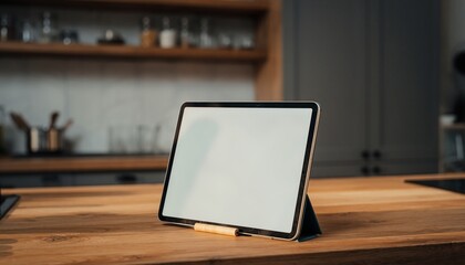 Tablet with blank white screen mockup on wooden stand in modern kitchen, digital device for advertising, app presentation and website design