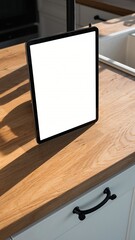 Tablet with blank white screen mockup on wooden stand in modern kitchen, digital device for advertising, app presentation and website design