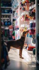 Happy dog choosing pet accessories in a modern pet shop, animal supplies shopping and retail concept