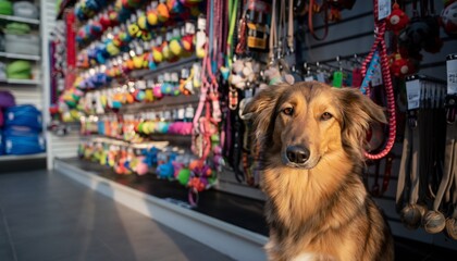 Happy dog choosing pet accessories in a modern pet shop, animal supplies shopping and retail concept