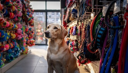 Happy dog choosing pet accessories in a modern pet shop, animal supplies shopping and retail concept