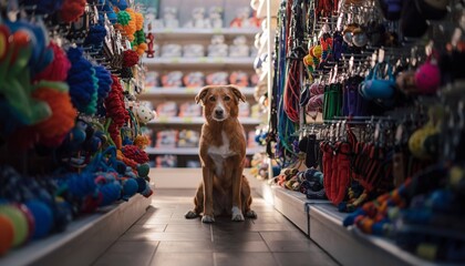 Happy dog choosing pet accessories in a modern pet shop, animal supplies shopping and retail concept