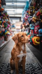 Happy dog choosing pet accessories in a modern pet shop, animal supplies shopping and retail concept