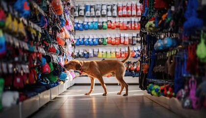 Happy dog choosing pet accessories in a modern pet shop, animal supplies shopping and retail concept