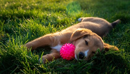 Selective focus of golden retriever puppy playing with a rubber ball on the green grass