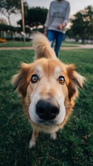 Joyful dog runs in green park grass, owner walks behind with basket. Golden hour light shines on happy dog ​​and nature. Pet, family, outdoor fun