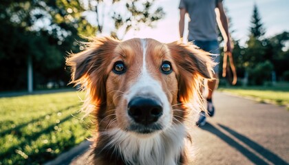 Joyful dog runs in green park grass, owner walks behind with basket. Golden hour light shines on happy dog ​​and nature. Pet, family, outdoor fun
