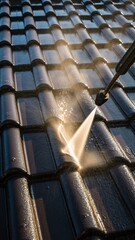 closeup, man standing on ladder and cleaning house metal roof with high pressure washer