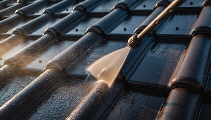 closeup, man standing on ladder and cleaning house metal roof with high pressure washer