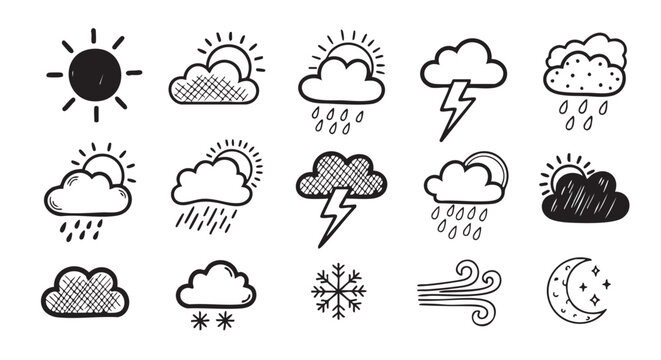 Weather condition doodle icons hand drawn set on white background