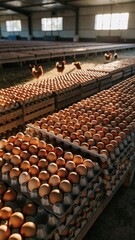 Industrial poultry farm with laying hens and eggs, large scale egg production, commercial chicken farming and food industry concept