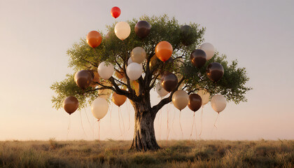 Tree adorned with colorful balloons in a vast open field at dawn - Concept of National girl child day  