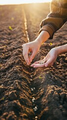 Female farmer planting seeds in soil at sunset, hands close up, sustainable agriculture and new growth concept