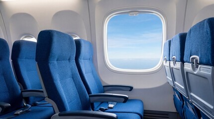 Interior of empty airplane cabin with view from passenger seat and window copy space