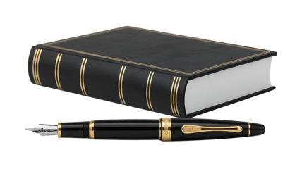 Black leather book fountain pen classic elegant writing education literature study knowledge stationary black leather book with gold accents and matching fountain pen symbolizing classic elegance