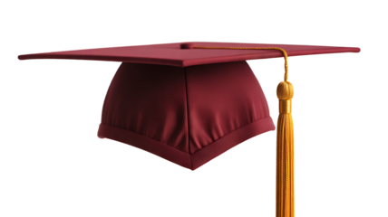 Burgundy graduation mortarboard cap with gold tassel isolated PNG, academic regalia for commencement ceremony and higher education achievement 
