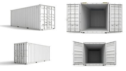 White Shipping Container Mockup Set with Open and Closed Doors Isolated on White Background