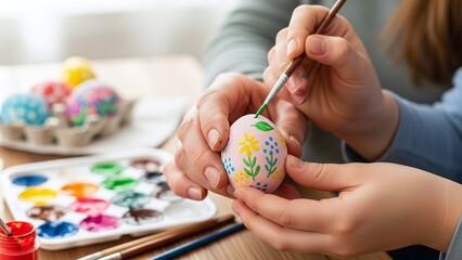 parent and child hands painting floral patterns on easter egg for family blogs, diy craft websites, holiday cards, educational posters and parenting magazines, on bokeh background