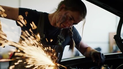 Woman mechanic grinding metal with sparks flying in auto repair shop. Industrial worker concept for automotive maintenance.