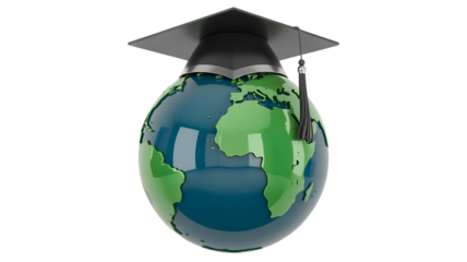 Earth globe with graduation cap PNG isolated on transparent background, global education concept for academic achievement and learning 
