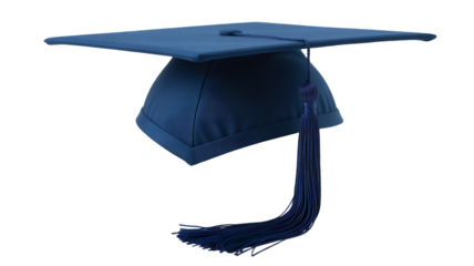 Dark blue graduation cap isolated PNG on transparent background, academic mortarboard with tassel for education and commencement 
