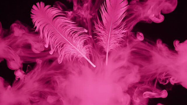 Whispers of delicate pink feathers emerge from a mystical embrace of vibrant, swirling smoke, crafting a captivating and dreamlike narrative of grace and color against a profound darkness