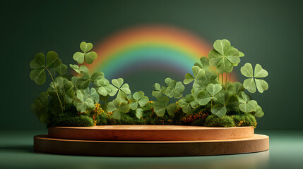 St patrick day podium display with shamrock clover leaves and rainbow on green background. Holiday celebration product showcase platform with copy space for text