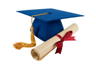 Blue graduation cap and diploma with red ribbon isolated, academic achievement for education and celebration PNG 
