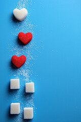 Red heart and sugar cubes symbolizing diabetes awareness on blue background with copy space for World Diabetes Day November 14