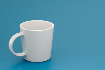 Empty white ceramic mug on blue background for branding