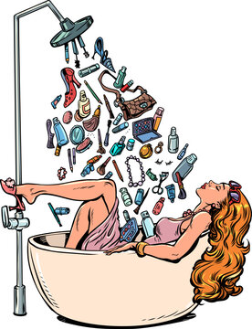 Pop Art Retro Woman in a bathtub. Shopping and purchasing. Flow of products to customers.