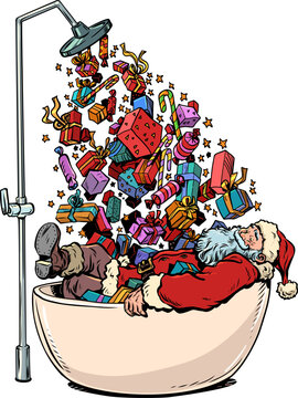 Pop Art Retro Santa Claus in the Bath. Gifts for New Year and Christmas. Holiday delivery.