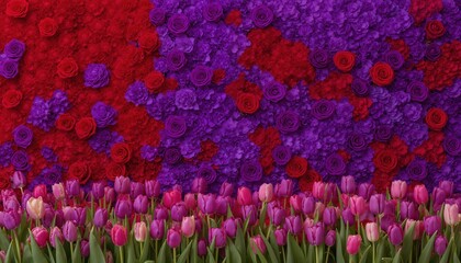 Beautiful wall made of red violet purple flowers, roses, tulips, press-wall, background, valentines day background
