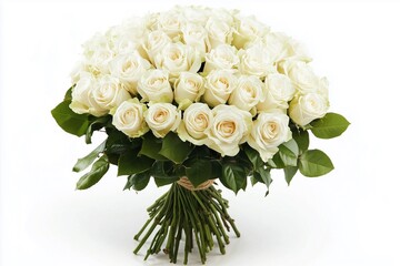 Elegant bouquet of fresh white roses with green leaves on white background.
