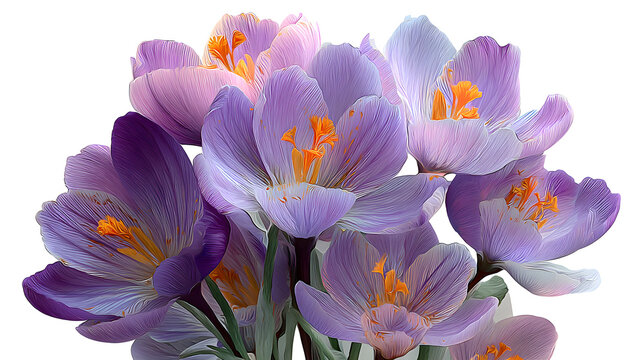 Modern illustration of a purple crocus saffron spring flower, with fresh crocuses icon isolated on a white background, forming a beautiful spring purple flower drawing