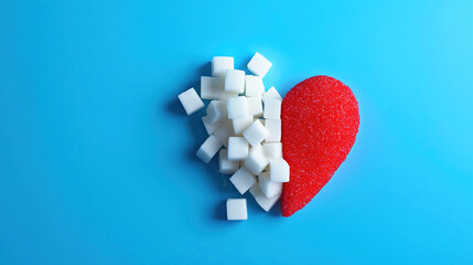 Red heart and sugar cubes symbolizing diabetes awareness on blue background with copy space for World Diabetes Day November 14