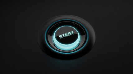 Glowing blue start button on sleek black background