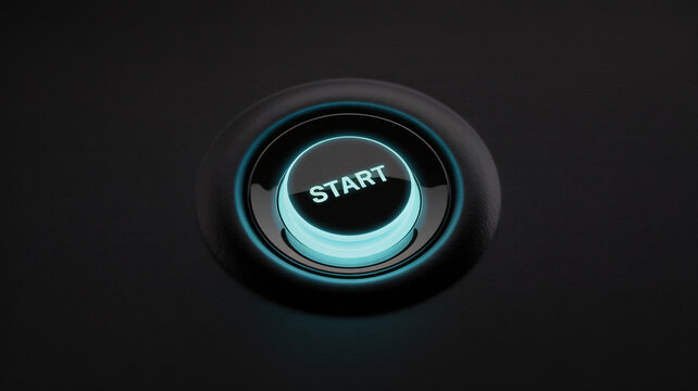 Glowing blue start button on sleek black background - Powered by Adobe
