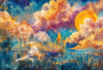 Vibrant cityscape beneath a surreal, colorful cloudscape with a large sun, digital art illustration