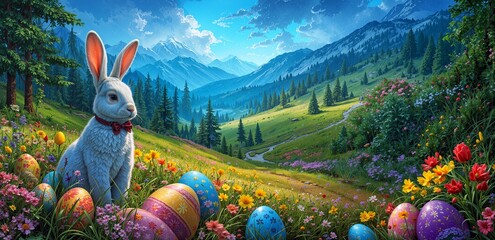 White easter bunny sitting in a colorful spring meadow with decorated eggs and a majestic mountain landscape in the background