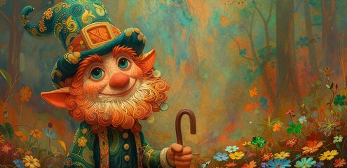 Whimsical leprechaun illustration with vibrant orange beard, ornate green hat, and magical forest setting