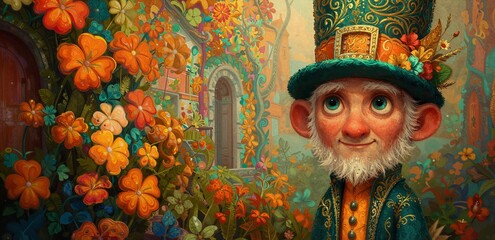 Leprechaun character with white beard and elaborate top hat smiles, surrounded by vibrant flowers and foliage