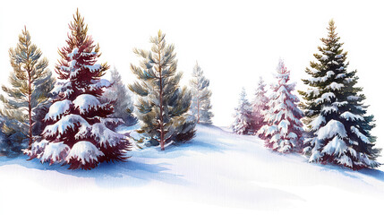 Serene winter forest watercolor border on white background with snowy evergreen trees, blue and purple shadows, tranquil seasonal landscape.