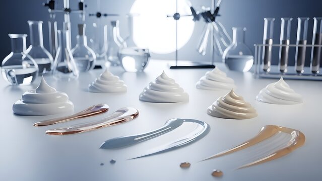 Cosmetic foundation and cream testing in laboratory setting featuring swirling piles of white and beige makeup swatches alongside shiny spatulas for professional product formulation analysis.
