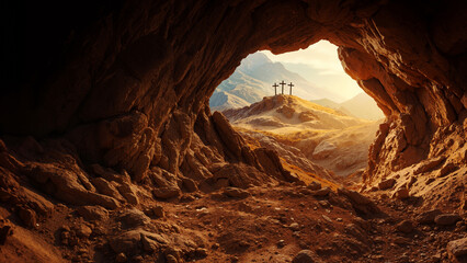 Empty Tomb of Jesus, the Hill of Golgotha, Three crosses on a rocky hill, viewed from inside a cave tomb