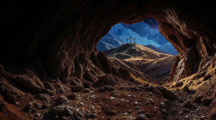Empty Tomb of Jesus, view to the three crosses on Golgotha hill, opening, spiritual and symbolic resurrection scene