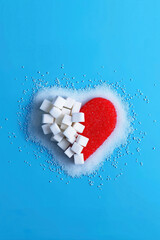 Red heart and sugar cubes symbolizing diabetes awareness on blue background with copy space for World Diabetes Day November 14