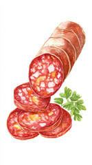 Appetizing sliced salami watercolor illustration on white background, traditional cured meat with vibrant red and green accents.